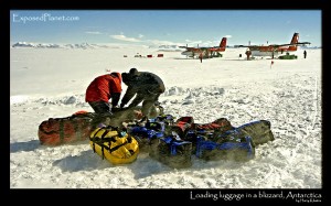 Organizing gear in a blizzard in Patriot Hills, Antarctica Organizing gear in a blizzard in Patriot Hills, Antarctica