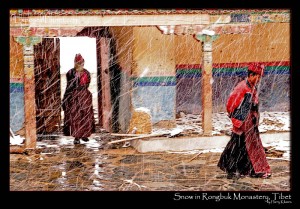 Monks in Tibetan Rongbuk Monastery during a snowstorm Monks in Tibetan Rongbuk Monastery during a snowstorm